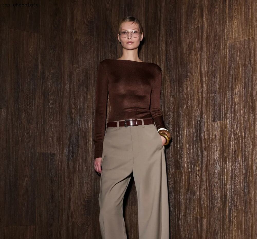 ENTIRE STUDIOS Brown Slinky Knit Long Sleeve Boat Neck Long Top Small